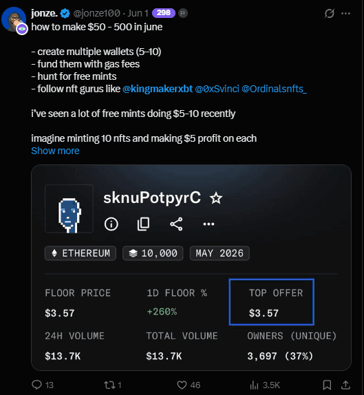 Tweet from jonze sharing a free-mint playbook and naming us among the NFT gurus to follow, with the sknuPotpyrC top offer at $3.57