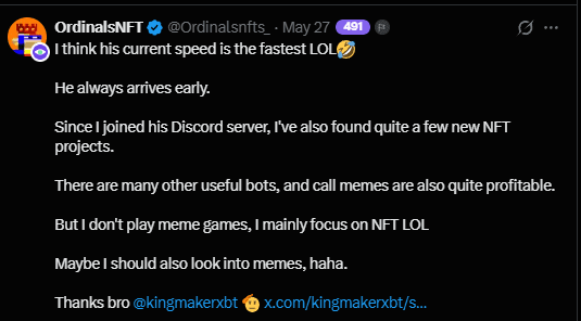 Tweet from OrdinalsNFT: his current speed is the fastest, he always arrives early - found quite a few new NFT projects since joining the Discord