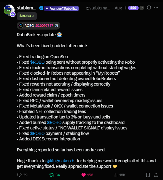 Tweet from the RoboBrokers founder listing every post-mint fix and thanking us for helping work through all of it