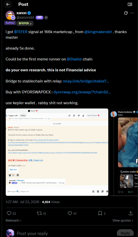 Tweet from xanon: got the $FEFER signal at 166k market cap, already 5x done - could be the first meme runner on Stable chain