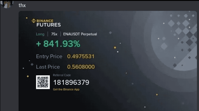 Binance Futures card showing a 75x ENAUSDT perpetual long up 841.93%