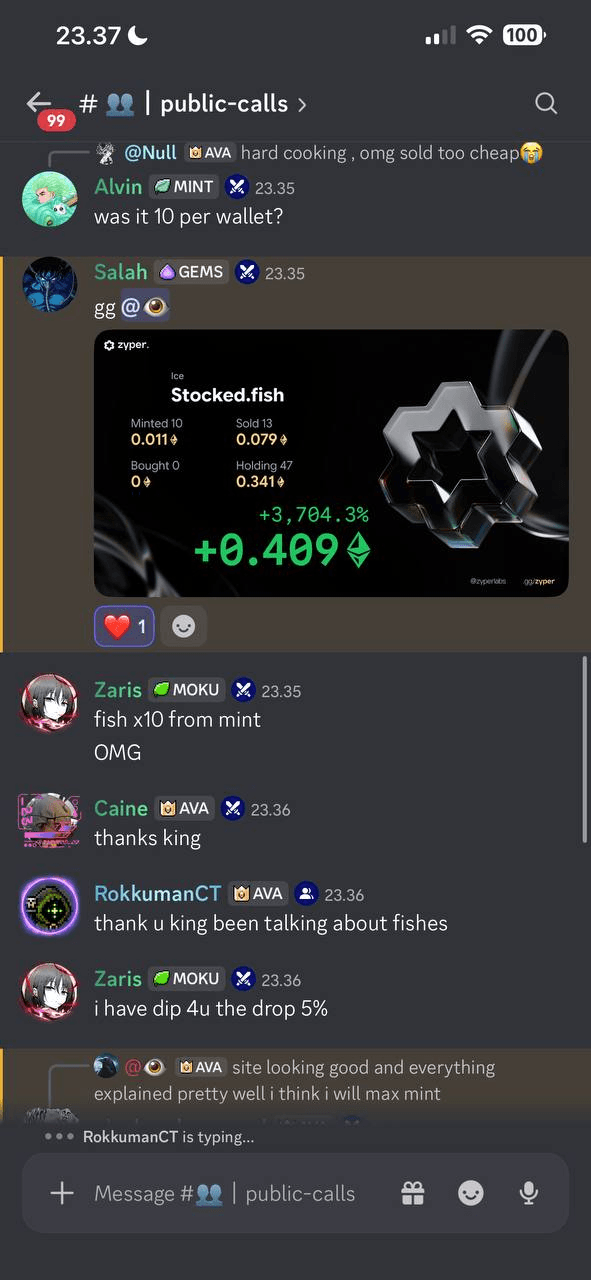 Discord screenshot from public-calls showing the Stocked.fish NFT mint up 3,704% on a Zyper card