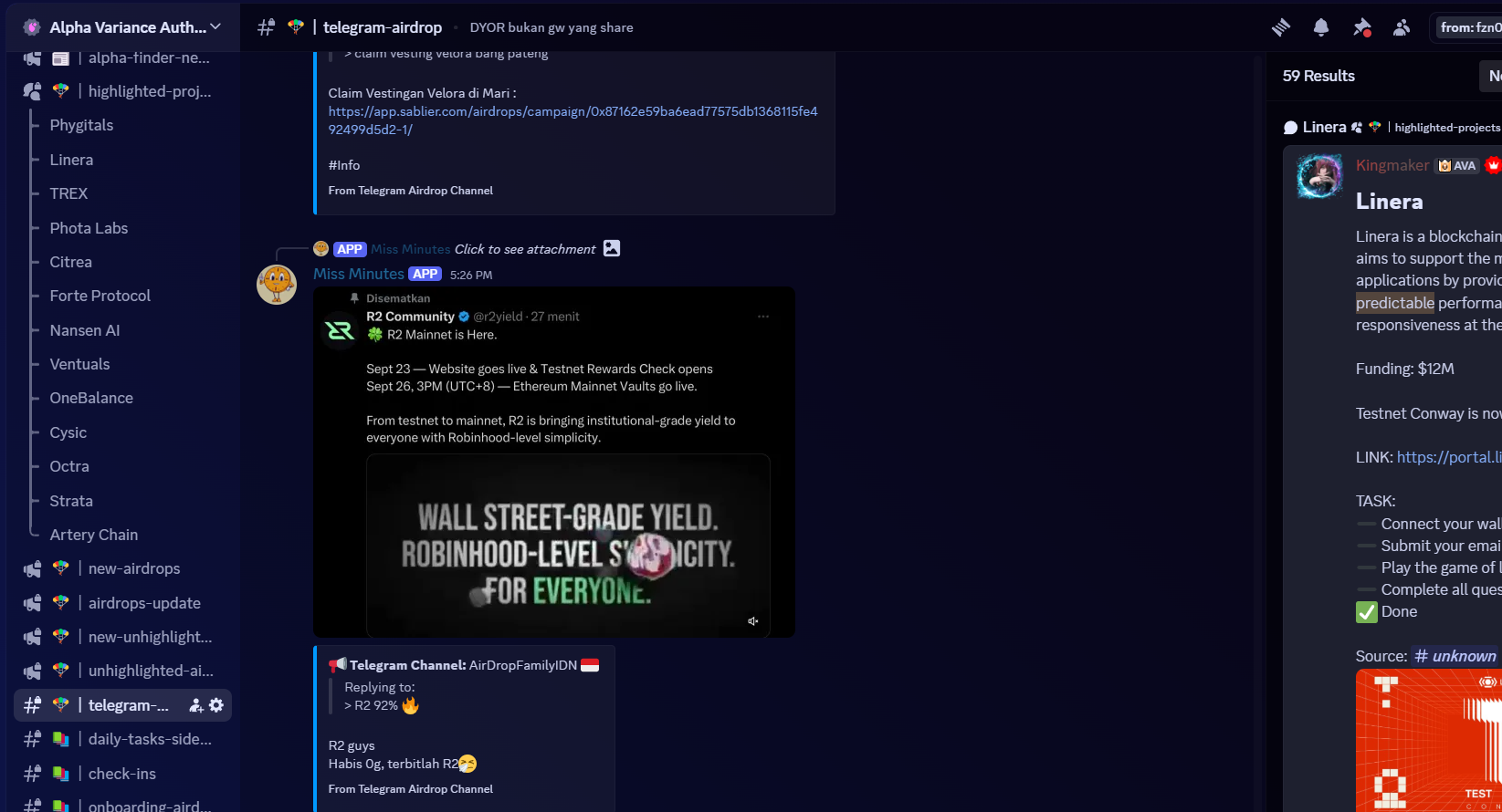 Comprehensive airdrop tracking interface showing organized Discord channels, project research, funding information, and systematic task management for alpha opportunities