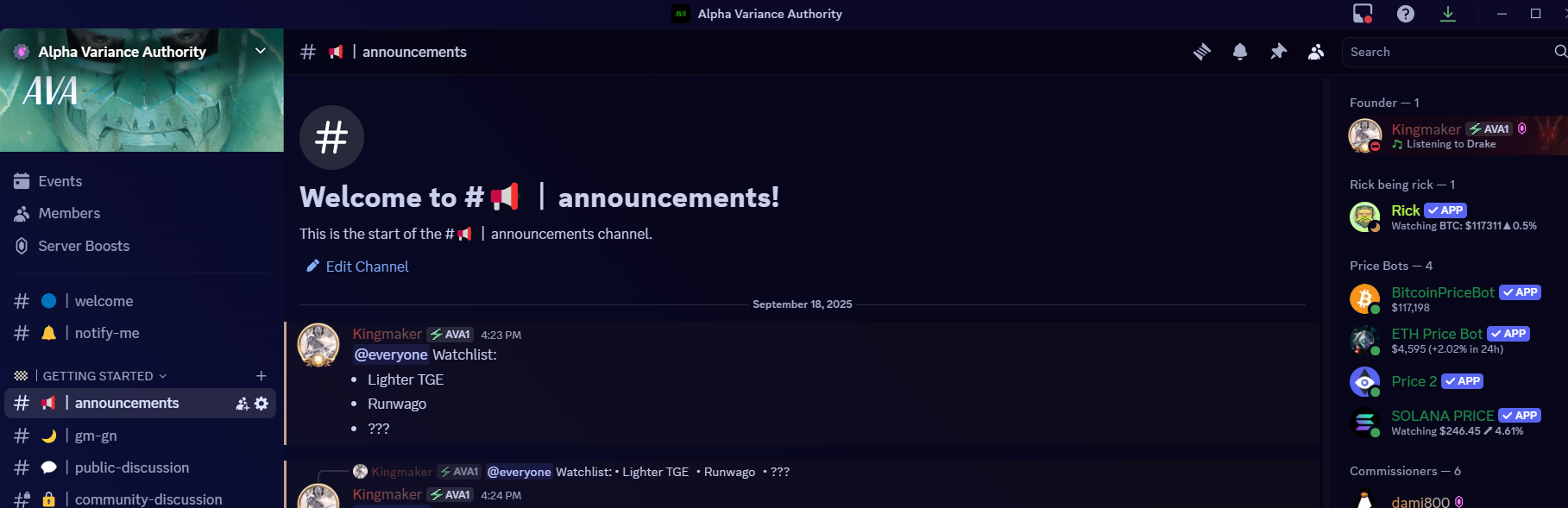 Alpha Variance Authority Discord server interface