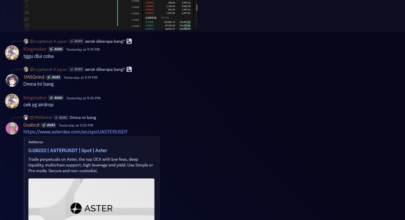 Discord conversation showing Alpha Variance Authority members discussing ASTER token trading opportunities with live trading interface and community alpha sharing